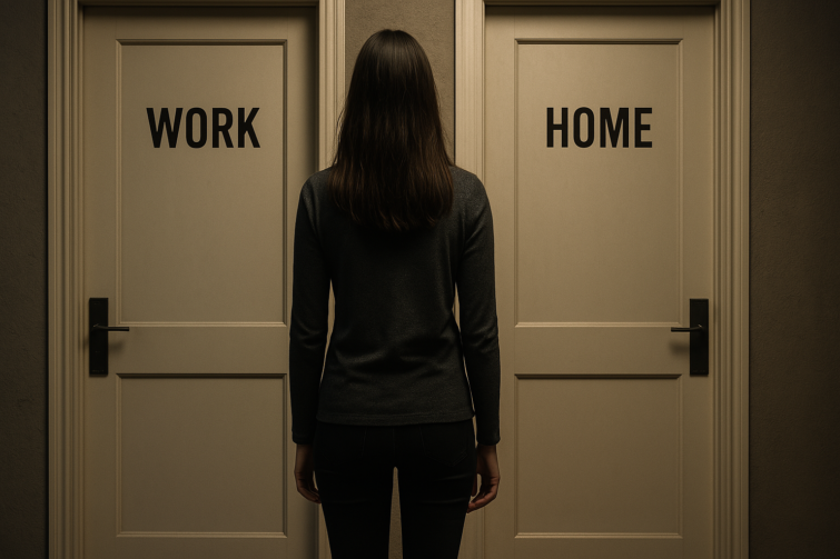 A woman standing in a narrow hallway between two doors—one labeled “Work” and the other “Home”
