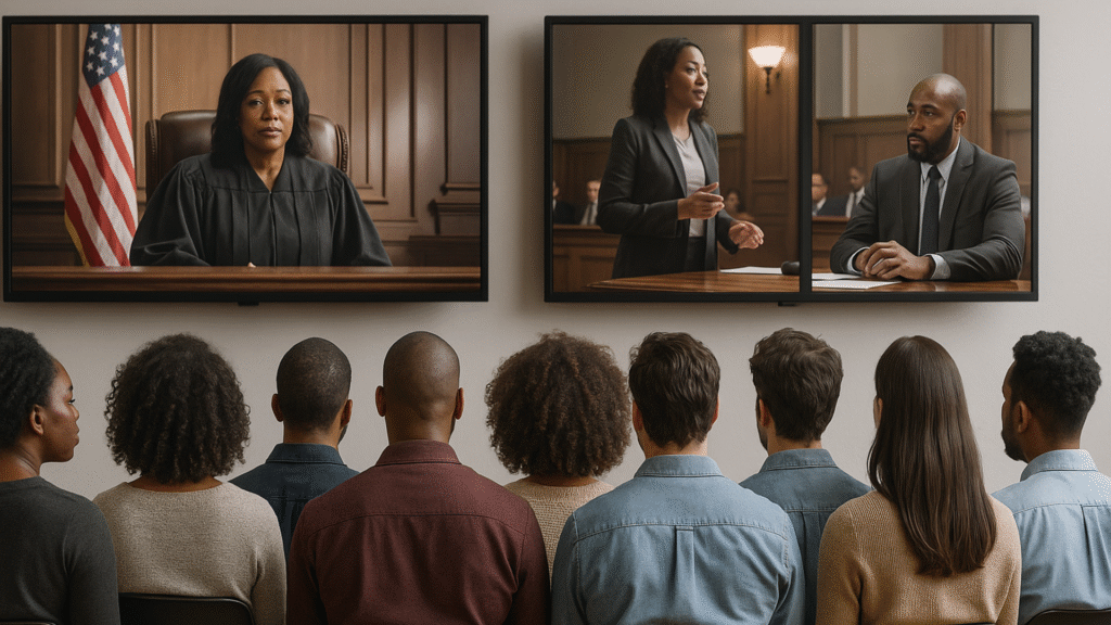 A diverse group of people watching a legal proceeding unfold on screens