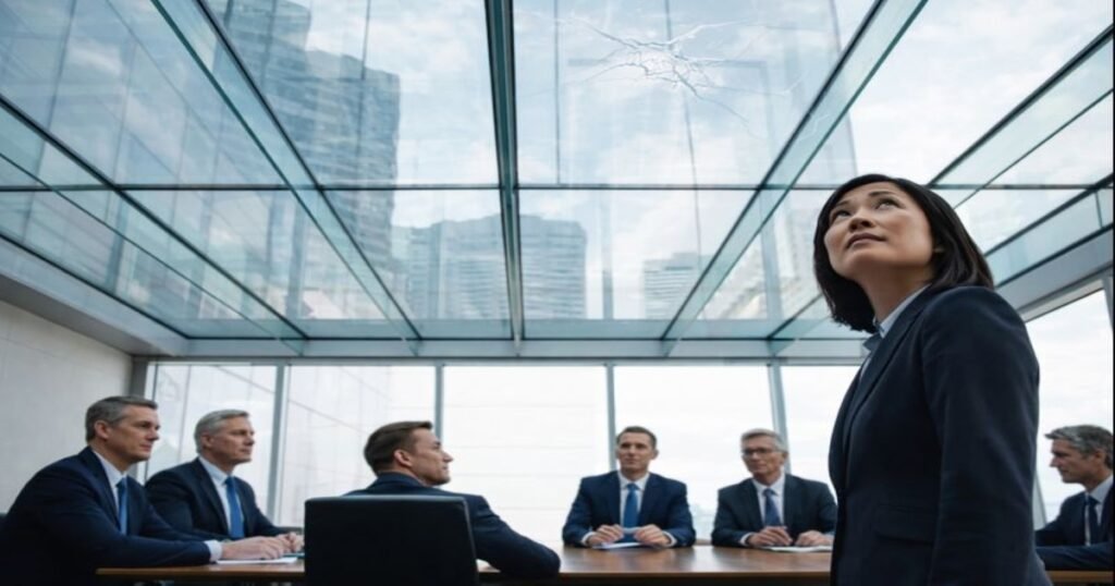Asian female executive standing beneath a glass ceiling in a corporate boardroom, surrounded by white male executives